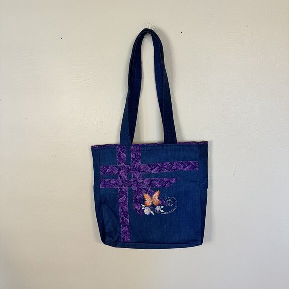 Handmade Denim Tote Bag Butterfly Embroidery Shoulder Purse Artisan Pockets - Picture 2 of 7